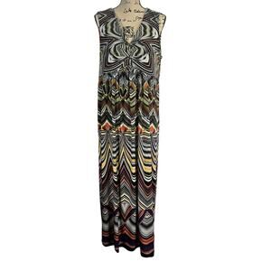Chico's Dress Size 3 XL Tribal Geometric Black Green Tan Purple Sleeveless Maxi